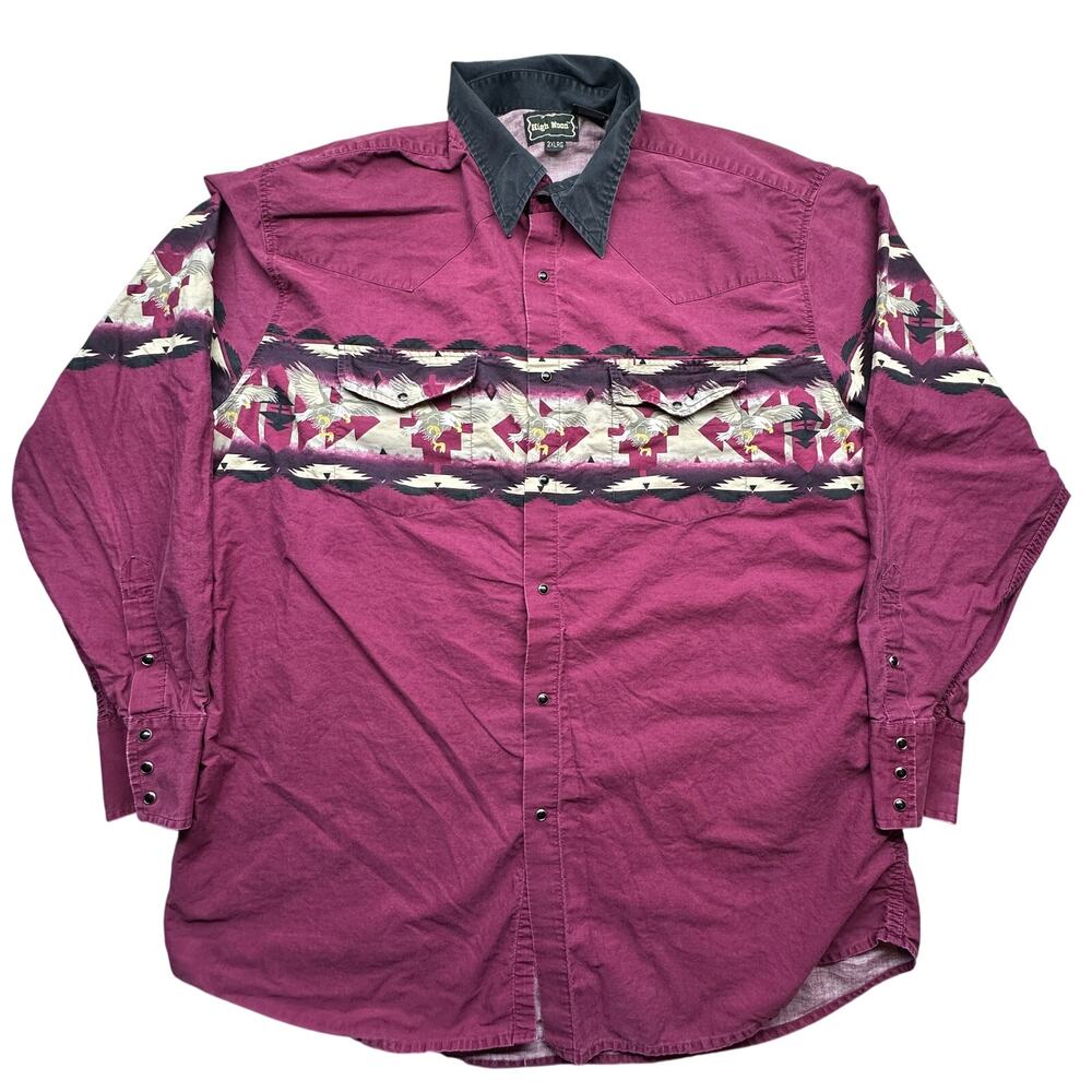 High Noon Pearl Snap Aztec Eagle Long Sleeve Shirt Western Mens 2XL Purple Red